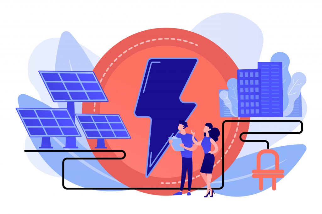 Illustration von zwei Personen, die sich vor Sonnenkollektoren, Gebäuden und einem großen Stromsymbol unterhalten, das für erneuerbare Energien und Stromerzeugung steht.