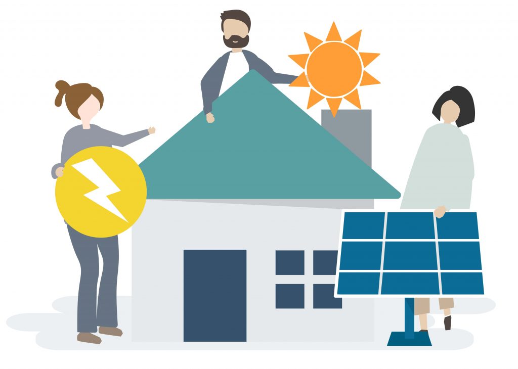 Drei Personen stehen um ein Haus herum; eine hält einen Blitz, eine steht mit einer Sonne auf dem Dach und eine weitere hält ein Solarpanel, das für erneuerbare Energie steht.