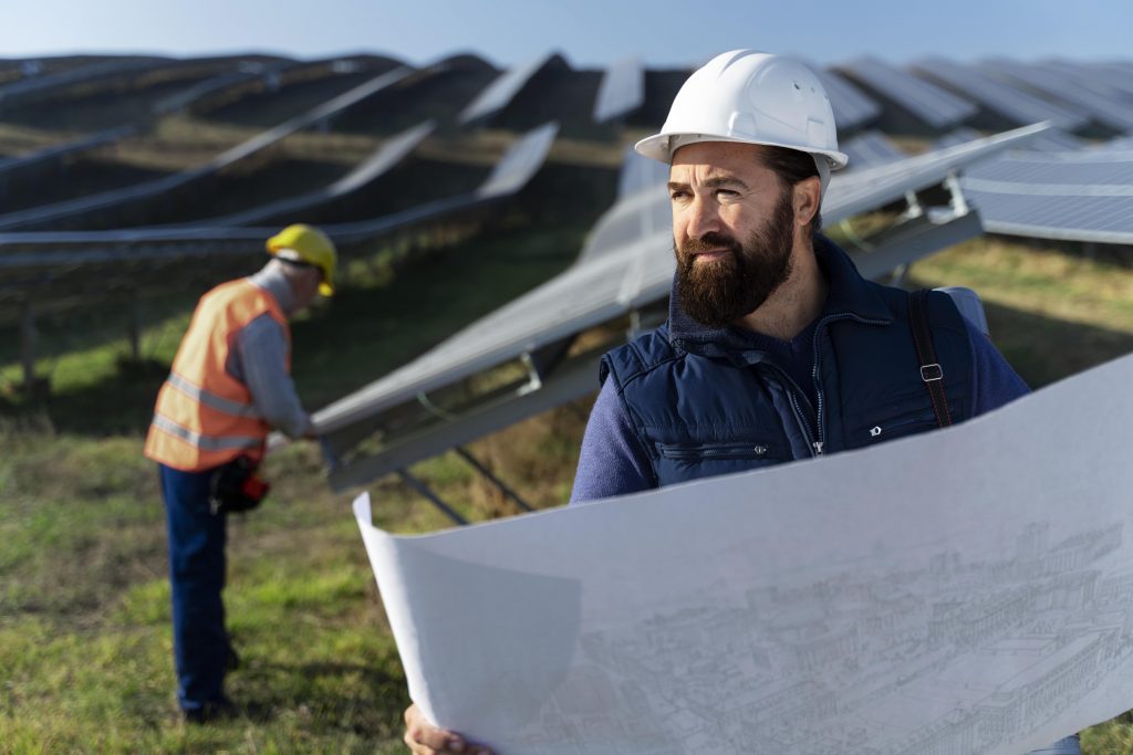 Ein Mann mit Schutzhelm hält Blaupausen auf einem Solarpanel-Feld, während ein anderer Arbeiter im Hintergrund Solarpaneele prüft.