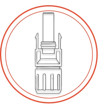 Strichzeichnung eines mechanischen oder elektrischen Steckers, der häufig bei konfektionierten Kabeln verwendet wird, zentriert in zwei konzentrischen roten Kreisen.