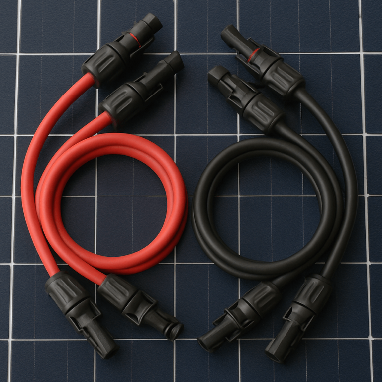 Zwei vorkonfektionierte Solarkabel, ein rotes und ein schwarzes, sind gewickelt und auf einem Solarmodul-Gitterhintergrund platziert.