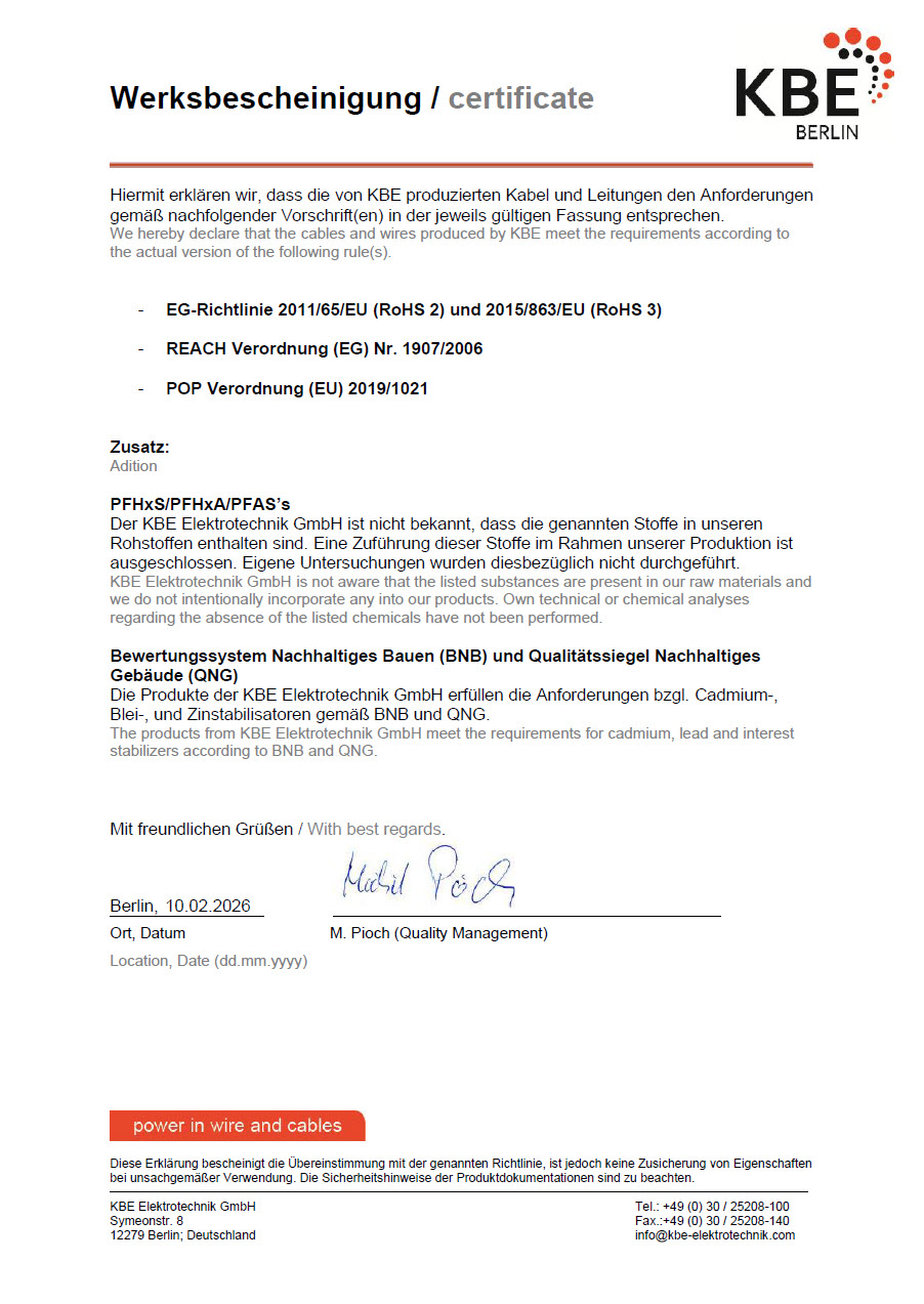 Ein Bild von der Werksbescheinigung ROHs von KBE Elektrotechnik GmbH aus Berlin.
